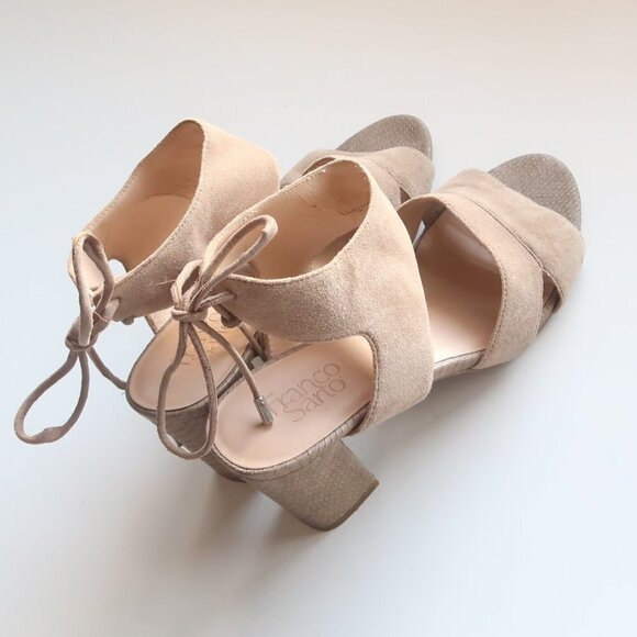 Franco Sarto Taupe Suede Strappy Round Open Toe Block Heels / Sandals / Shoes - Picture 3 of 16